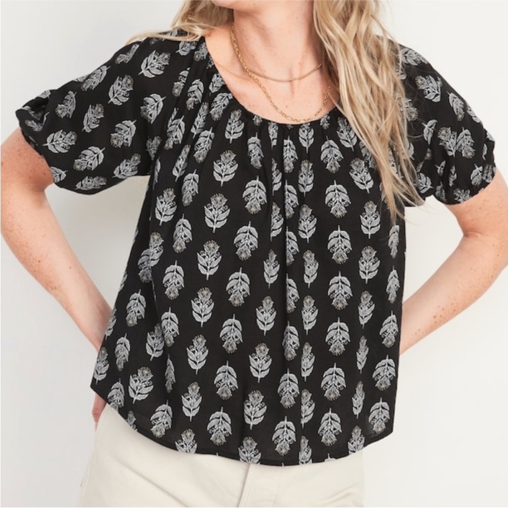 Old Navy Black and White Puff Sleeve Blouse with Yellow Flowers